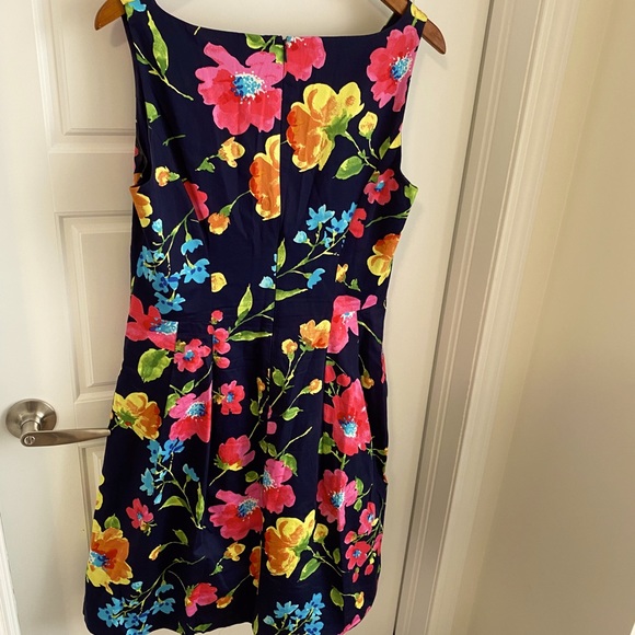 Navy Blue and Pink Floral Cotton Mini Dress - Picture 4 of 6